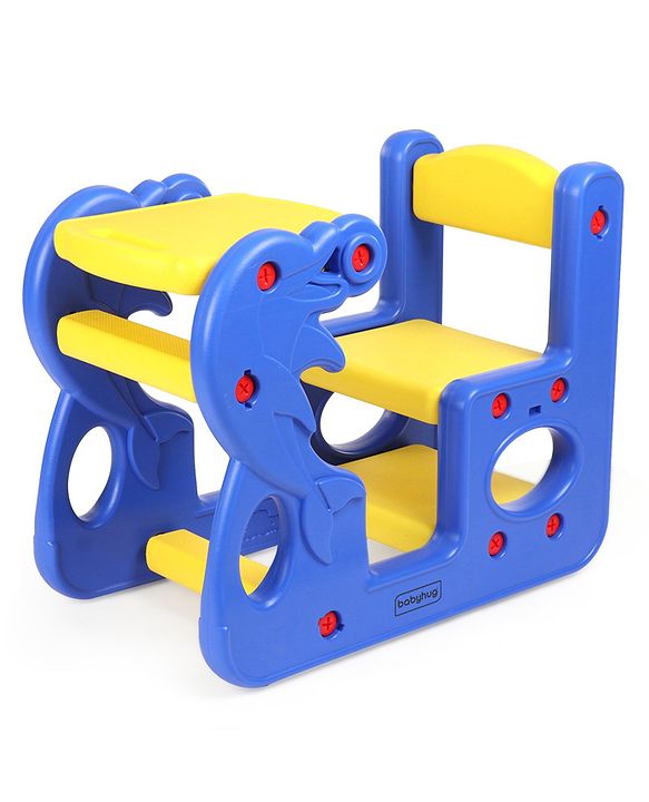 Babyhug Single Seater Dolphin Study Desk For Nursery with Under Seat Storage Easy Assembly - Blue & Yellow