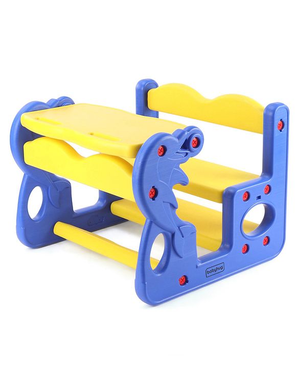 Babyhug Double Seater Dolphin Study Desk For Nursery with Under Seat Storage Easy Assembly - Blue & Yellow