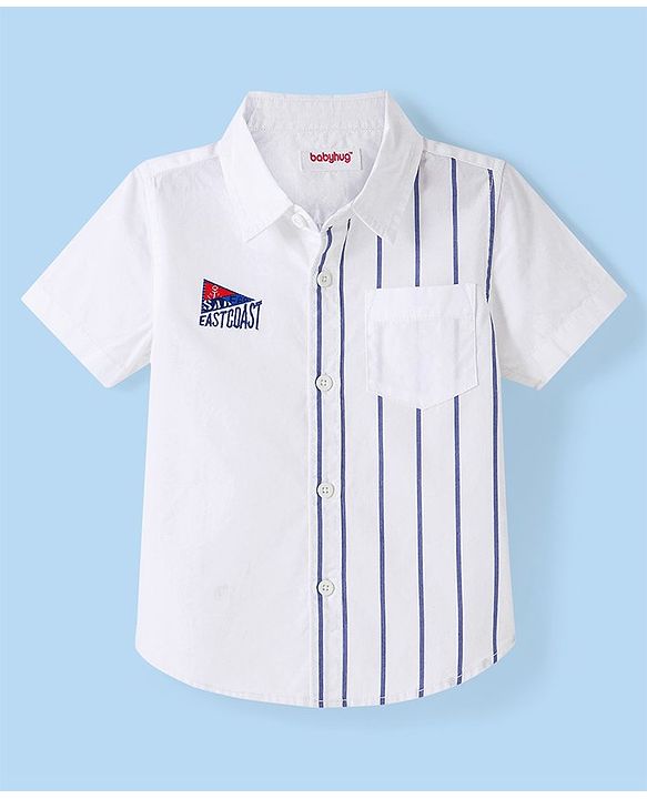 Babyhug Cotton Half Sleeve Striped Shirt with Text Embroidery - White & Blue