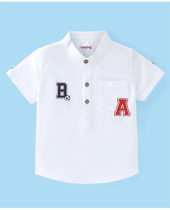 Babyhug Cotton Woven Half Sleeves Mandarin Collar Kurta Shirt With Placement Embroidery - White