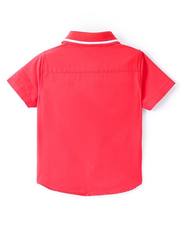 Babyhug Cotton Woven Half Sleeve Regular Rib Collar Solid Shirt with Text Embroidery - Red