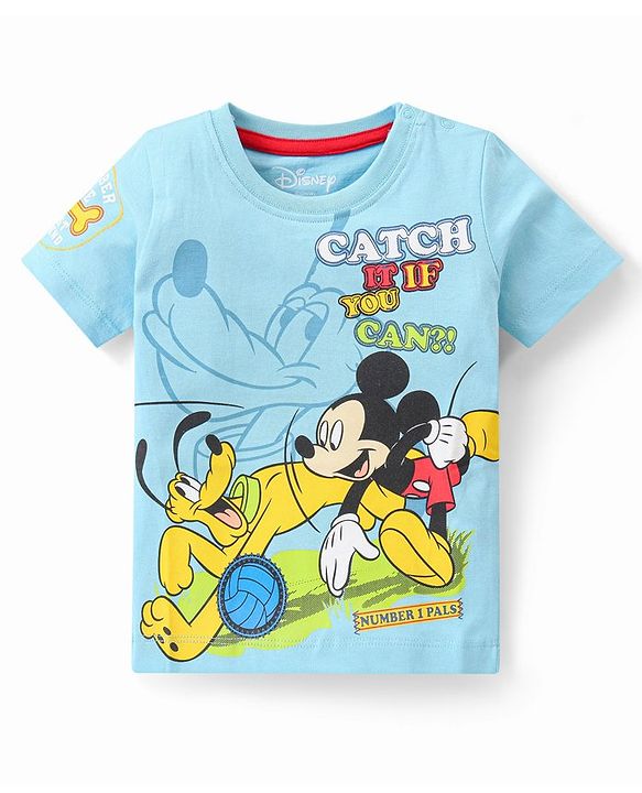 Babyhug Disney 100% Cotton Knit Half Sleeves T-Shirt With Mickey Mouse Family Graphics - Blue