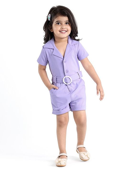 Babyhug Half Sleeves Party  Romper with Belt Solid Colour - Lavender