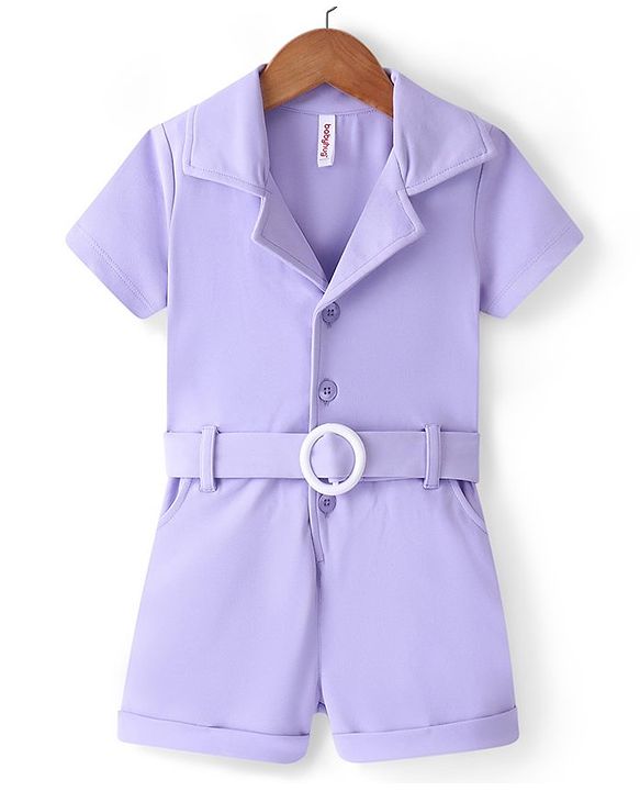 Babyhug Half Sleeves Party  Romper with Belt Solid Colour - Lavender