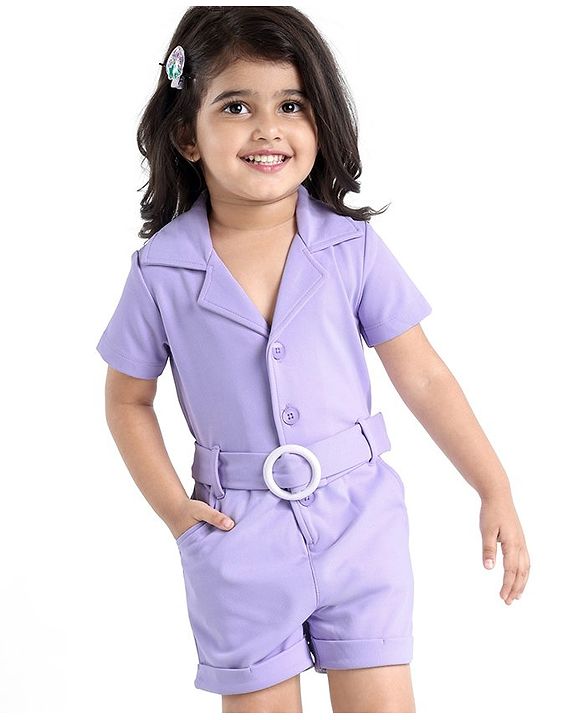 Babyhug Half Sleeves Party  Romper with Belt Solid Colour - Lavender