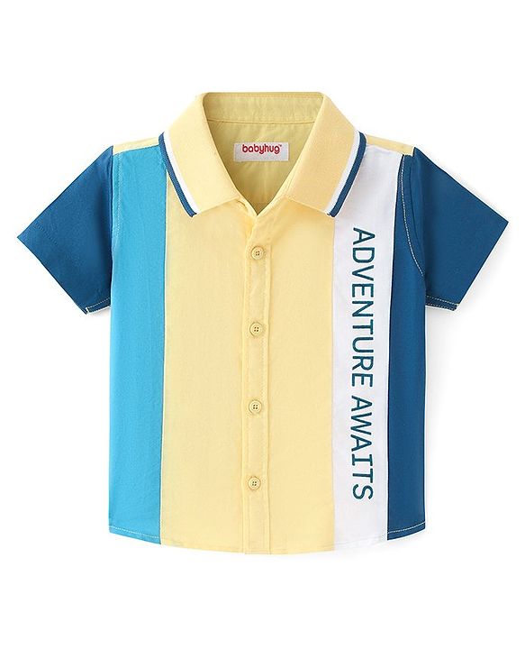 Babyhug Cotton Woven Half Sleeves Shirt Text Print - Yellow & Blue