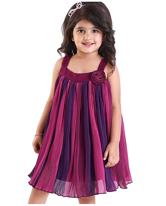Babyhug Woven Sleeveless Textured Party Dress with Floral Applique -Purple