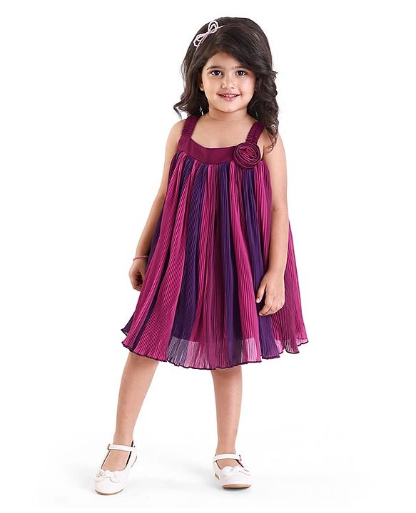 Babyhug Woven Sleeveless Textured Party Dress with Floral Applique -Purple