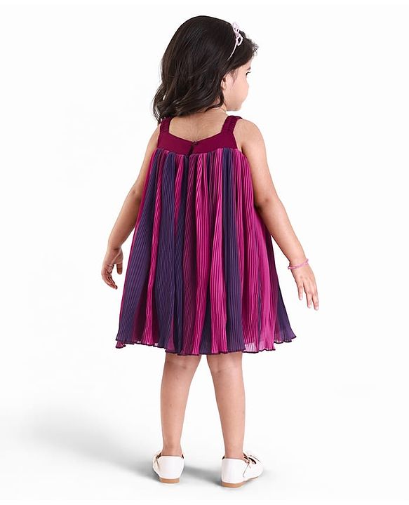 Babyhug Woven Sleeveless Textured Party Dress with Floral Applique -Purple