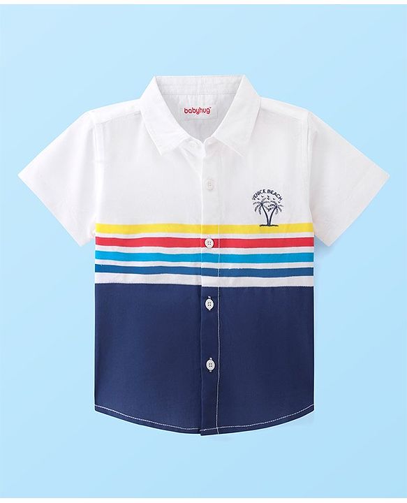 Babyhug Cotton Woven Half Sleeves Solid Color Shirt - White & Navy Blue