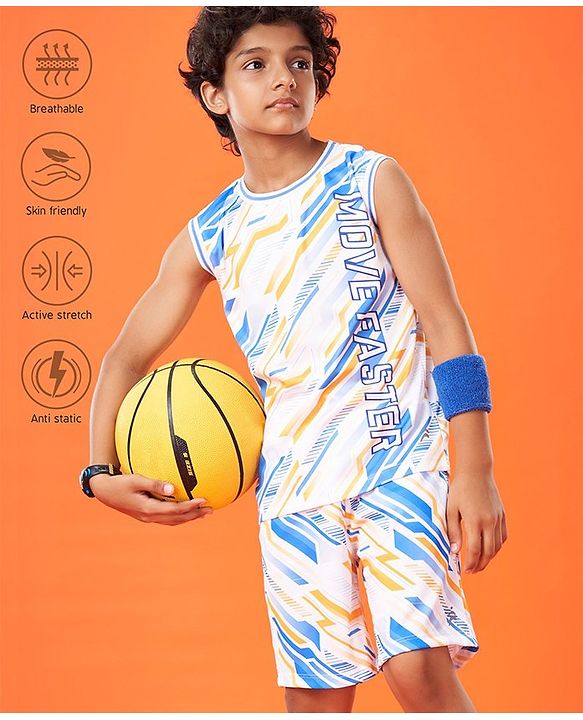 Pine Active Knit High Stretch Sleeveless T-Shirt & Shorts Set Text Print - Blue
