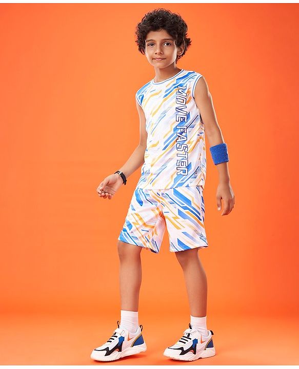 Pine Active Knit High Stretch Sleeveless T-Shirt & Shorts Set Text Print - Blue