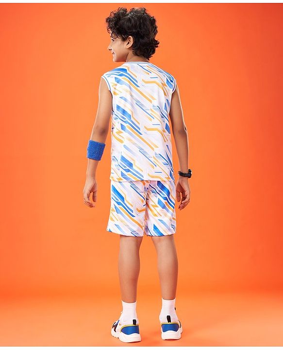 Pine Active Knit High Stretch Sleeveless T-Shirt & Shorts Set Text Print - Blue