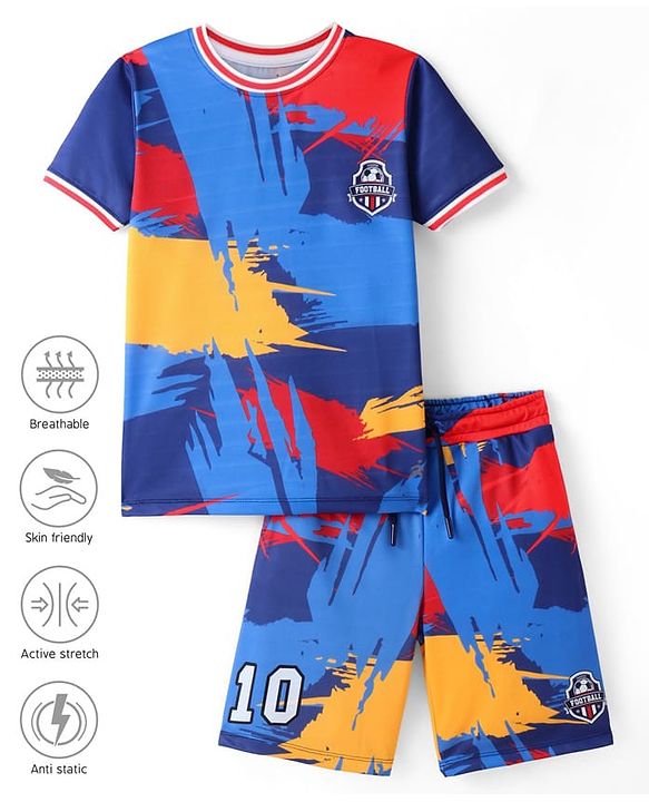 Pine Active Knit Half Sleeves T-Shirt & Shorts Football Set Abstract Print - Multicolour