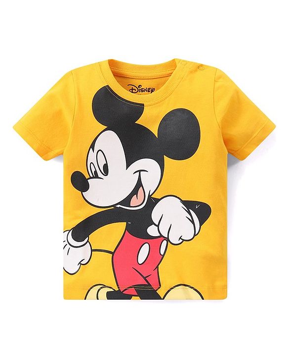 Babyhug Disney Cotton Knit Half Sleeves T-Shirt with Mickey Mouse Graphics Print - Mustard Yellow