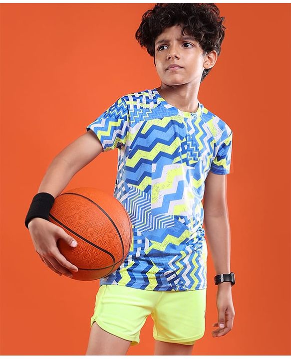Pine Active Half Sleeves Chevron Printed Stretchable T-Shirt - Blue