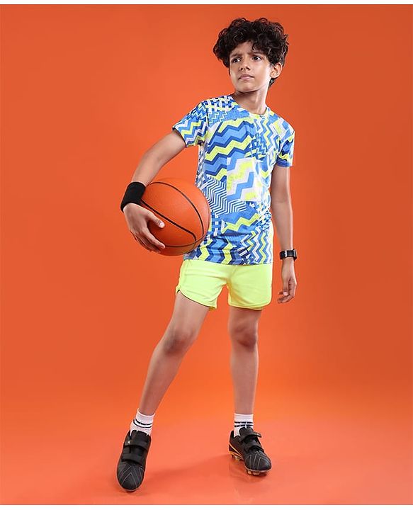 Pine Active Half Sleeves Chevron Printed Stretchable T-Shirt - Blue