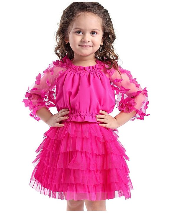 Babyhug Woven Full Sleeves Top & Layered Skirt Set with Butterfly Applique - Fuschia