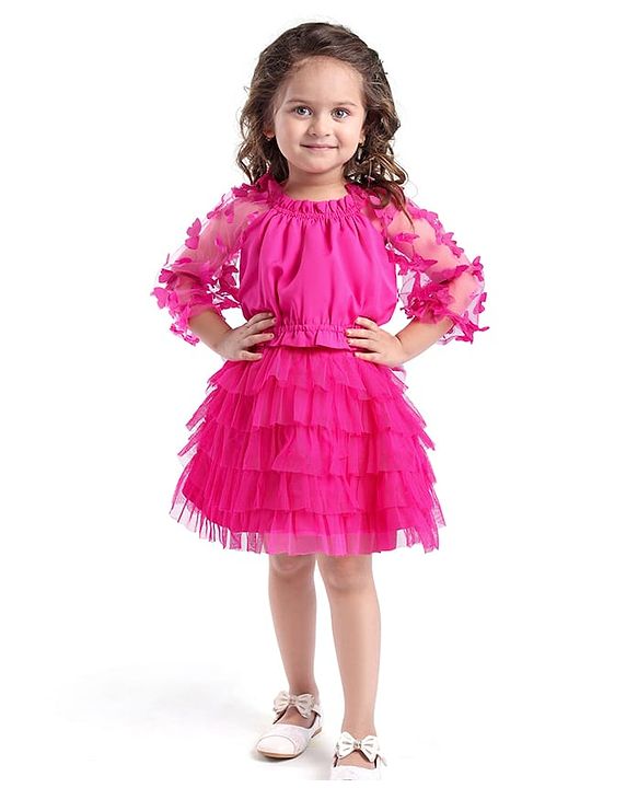 Babyhug Woven Full Sleeves Top & Layered Skirt Set with Butterfly Applique - Fuschia