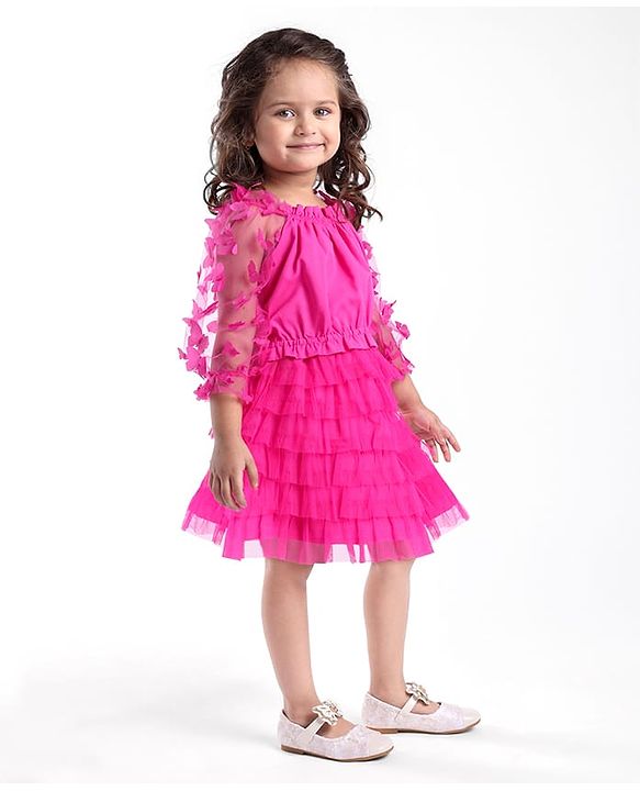 Babyhug Woven Full Sleeves Top & Layered Skirt Set with Butterfly Applique - Fuschia