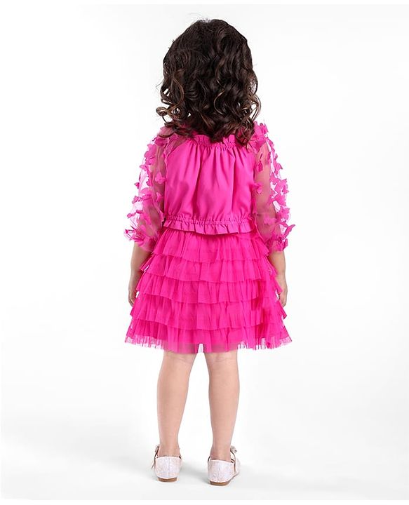 Babyhug Woven Full Sleeves Top & Layered Skirt Set with Butterfly Applique - Fuschia