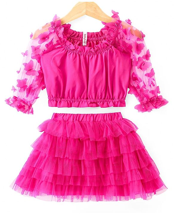 Babyhug Woven Full Sleeves Top & Layered Skirt Set with Butterfly Applique - Fuschia