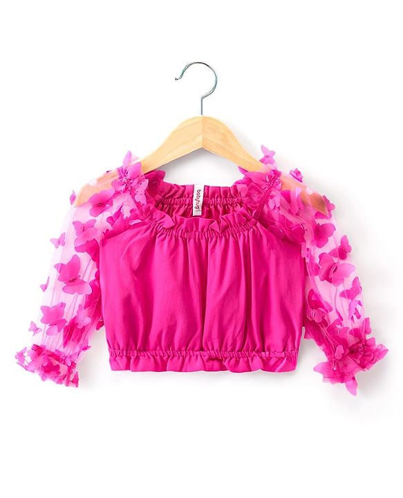 Babyhug Woven Full Sleeves Top & Layered Skirt Set with Butterfly Applique - Fuschia