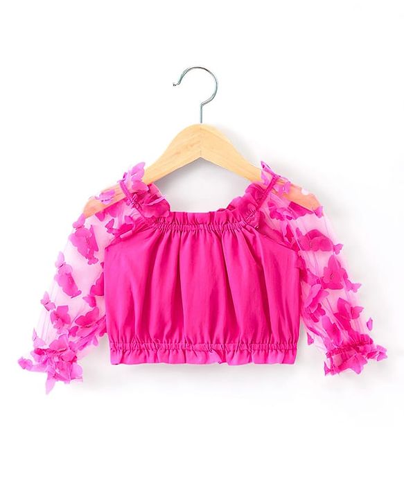 Babyhug Woven Full Sleeves Top & Layered Skirt Set with Butterfly Applique - Fuschia