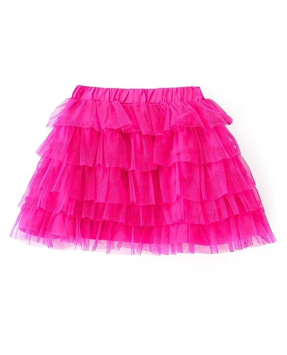 Babyhug Woven Full Sleeves Top & Layered Skirt Set with Butterfly Applique - Fuschia