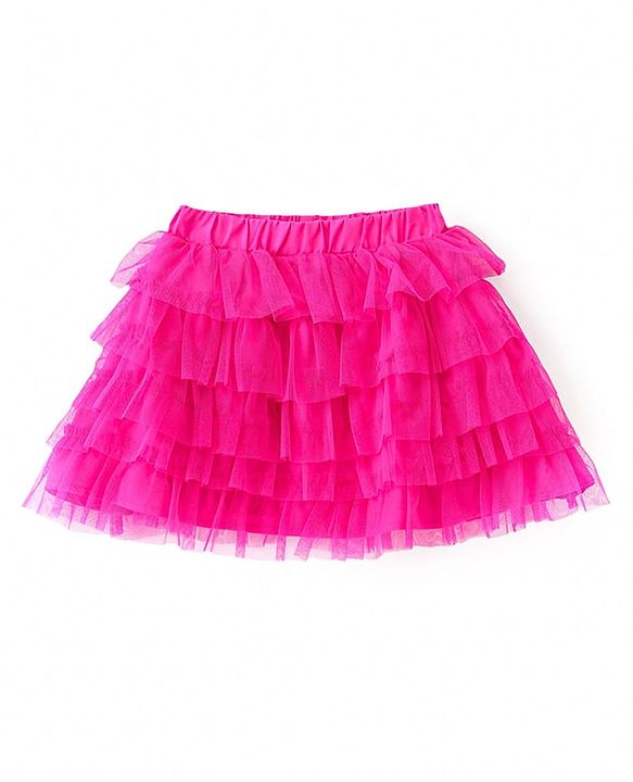 Babyhug Woven Full Sleeves Top & Layered Skirt Set with Butterfly Applique - Fuschia