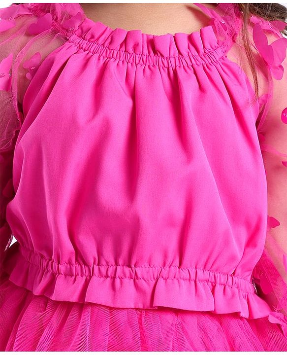 Babyhug Woven Full Sleeves Top & Layered Skirt Set with Butterfly Applique - Fuschia
