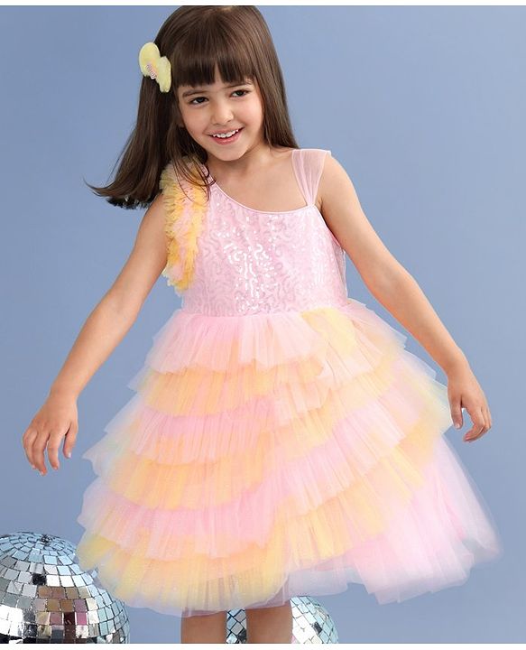 Babyhug Woven Sleeveless Fit and Flare Frilled Party Dress with Sequin & Glitter Detailing- Yellow & Pink