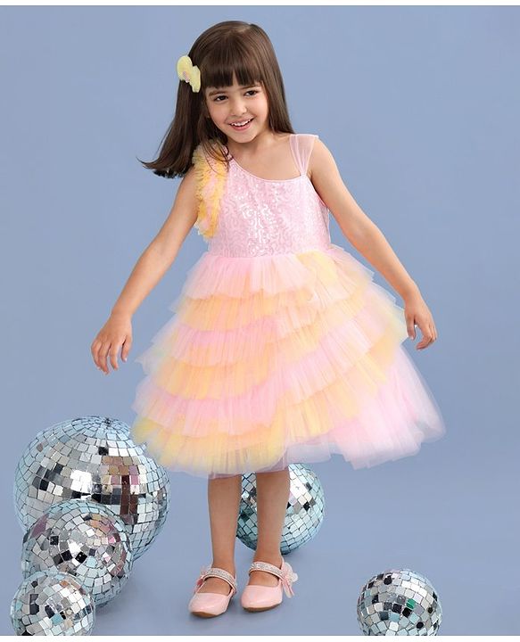 Babyhug Woven Sleeveless Fit and Flare Frilled Party Dress with Sequin & Glitter Detailing- Yellow & Pink