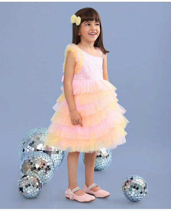 Babyhug Woven Sleeveless Fit and Flare Frilled Party Dress with Sequin & Glitter Detailing- Yellow & Pink