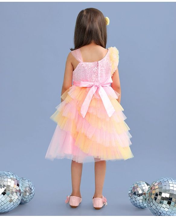 Babyhug Woven Sleeveless Fit and Flare Frilled Party Dress with Sequin & Glitter Detailing- Yellow & Pink