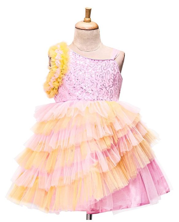 Babyhug Woven Sleeveless Fit and Flare Frilled Party Dress with Sequin & Glitter Detailing- Yellow & Pink