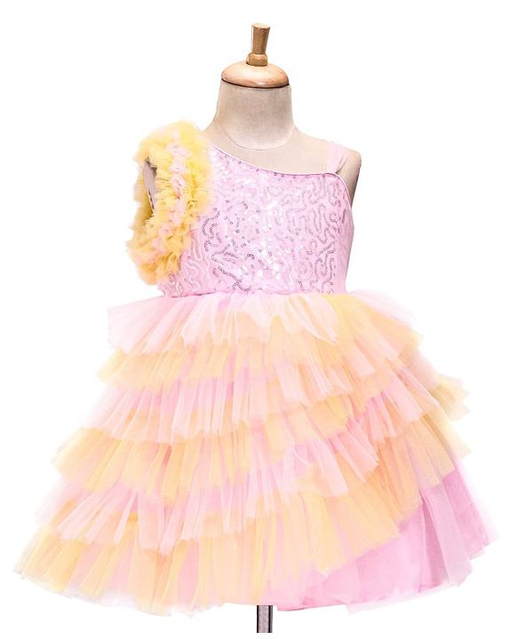 Babyhug Woven Sleeveless Fit and Flare Frilled Party Dress with Sequin & Glitter Detailing- Yellow & Pink