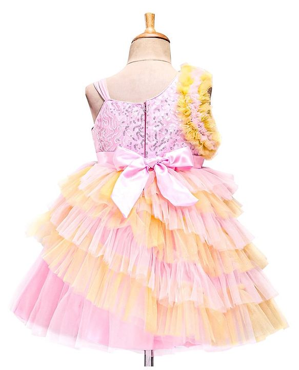 Babyhug Woven Sleeveless Fit and Flare Frilled Party Dress with Sequin & Glitter Detailing- Yellow & Pink