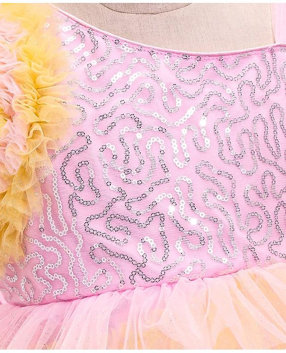 Babyhug Woven Sleeveless Fit and Flare Frilled Party Dress with Sequin & Glitter Detailing- Yellow & Pink