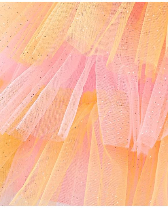 Babyhug Woven Sleeveless Fit and Flare Frilled Party Dress with Sequin & Glitter Detailing- Yellow & Pink