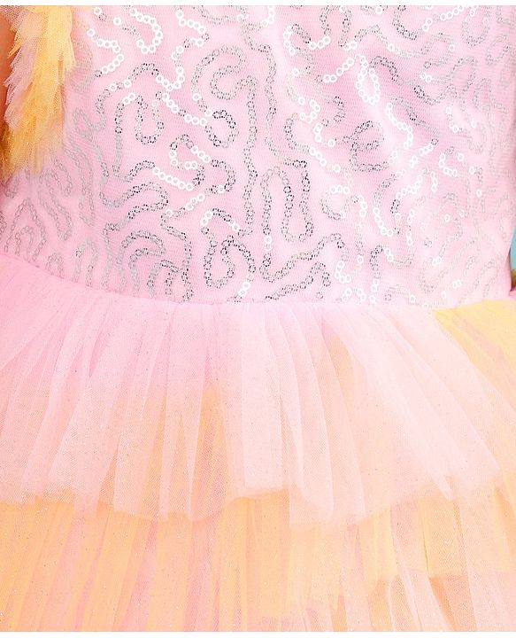 Babyhug Woven Sleeveless Fit and Flare Frilled Party Dress with Sequin & Glitter Detailing- Yellow & Pink