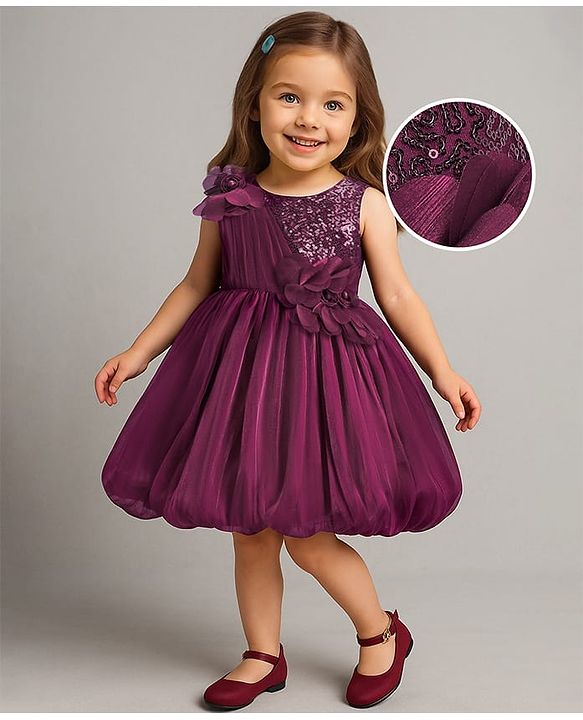 Babyhug Woven Sleeveless Fit and Flare Balloon Party Dress with Floral Corsage & Sequins Detailing  - Aubergine
