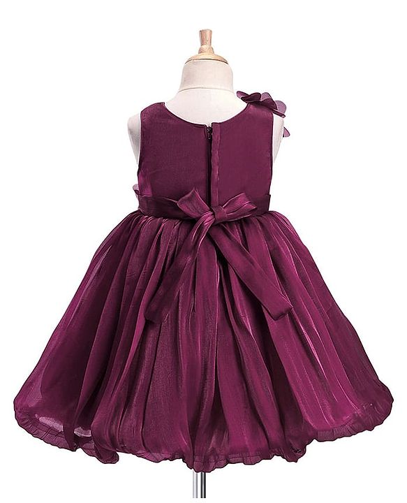 Babyhug Woven Sleeveless Fit and Flare Balloon Party Dress with Floral Corsage & Sequins Detailing  - Aubergine