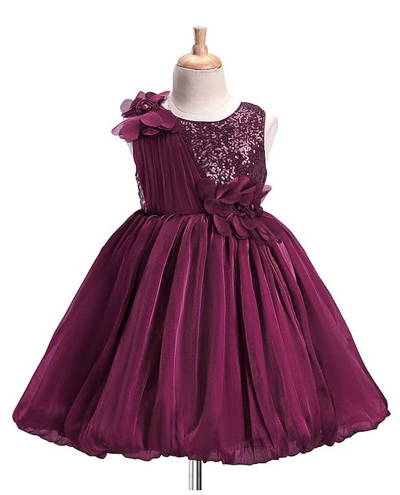 Babyhug Woven Sleeveless Fit and Flare Balloon Party Dress with Floral Corsage & Sequins Detailing  - Aubergine