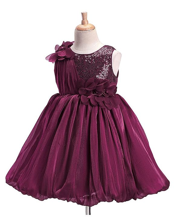 Babyhug Woven Sleeveless Fit and Flare Balloon Party Dress with Floral Corsage & Sequins Detailing  - Aubergine