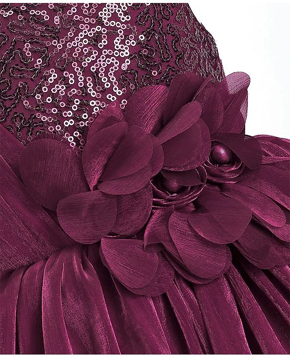 Babyhug Woven Sleeveless Fit and Flare Balloon Party Dress with Floral Corsage & Sequins Detailing  - Aubergine