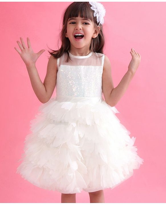 Babyhug Woven Sleeveless Fit and Flare Sequinned Yoke Frill Party Dress - Off White