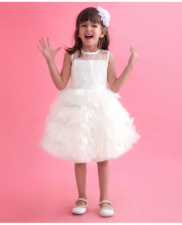 Babyhug Woven Sleeveless Fit and Flare Sequinned Yoke Frill Party Dress - Off White