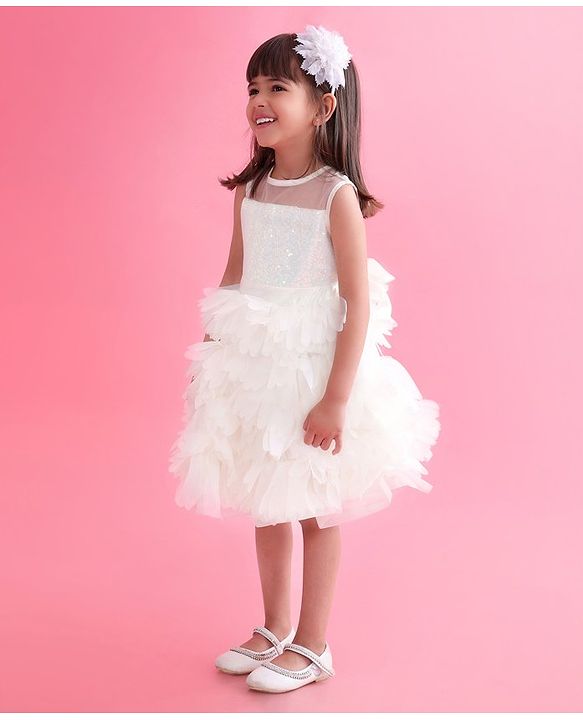Babyhug Woven Sleeveless Fit and Flare Sequinned Yoke Frill Party Dress - Off White