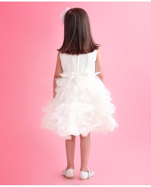 Babyhug Woven Sleeveless Fit and Flare Sequinned Yoke Frill Party Dress - Off White
